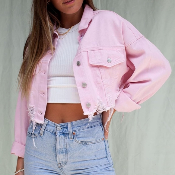 Western Pink Cropped Denim Distressed Jacket - Picture 1 of 5